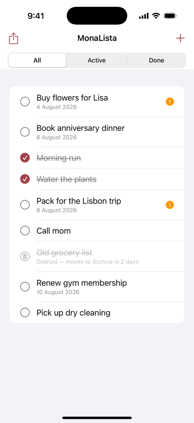 MonaLista main screen showing a todo list with due dates, urgent badges, and a recently deleted task